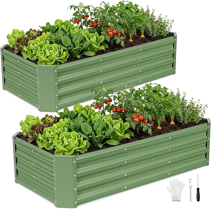INNO STAGE 2 Pcs 4×2×1ft Galvanized Raised Garden Bed Kit, Galvanized Planter Raised Garden Boxes Outdoor, Large Metal Raised Garden Beds for Vegetables, Flowers, Herbs, and Succulents, Olive Green