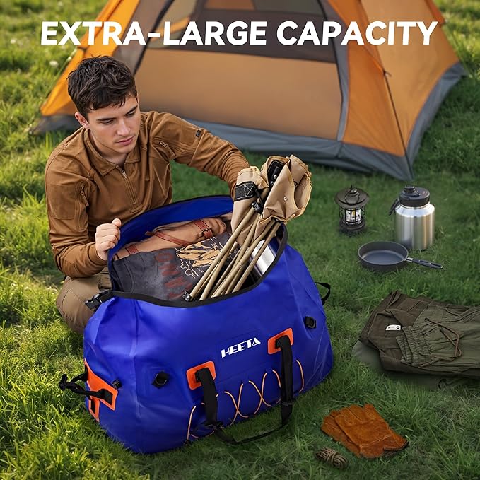 HEETA Waterproof Duffel Bag Motorcycle Dry Bag Backpack, 60L/80L Extra Large Rolltop Travel Duffle Bags with Straps & Handles for Kayaking Rafting Boating Canoeing Camping Gym Beach Cruise Ship