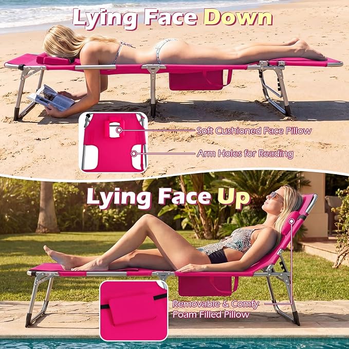 GYMAX Tanning Chair, 330LBS Beach Lounge with Face Arm Hole & Hand Shoulder Strap, Folding Layout Sunbathing Chair, Face Down Outdoor Chaise Lounger for Patio, Poolside, Lawn, Backyard (1, Pink)