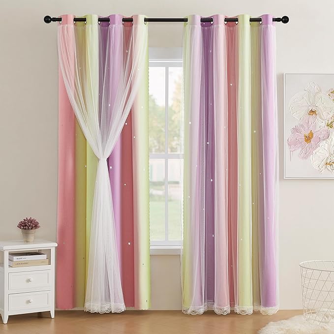 XiDi Pink Yellow Curtains for Bedroom Decor Blackout Curtains for Girls Kids