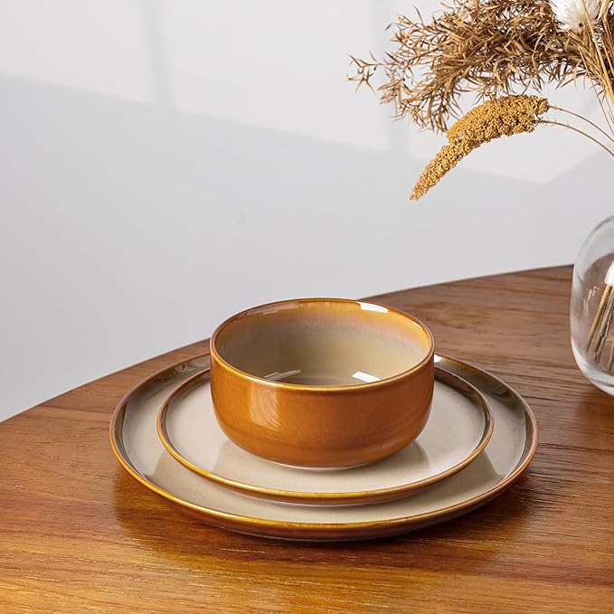 LERATIO Ceramic Dinnerware Sets for 4,12 Pieces Poreclain Plates and Bowls Sets,Scratch Resistant Dishes,Dishwasher & Microwave Safe,Oven Safe Dishes Set,Service for 4-Kahki