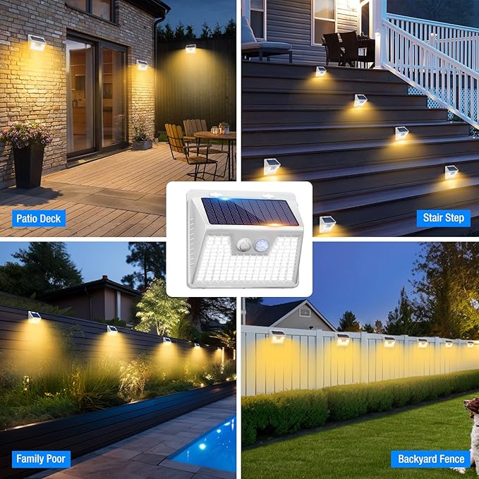 Peasur Solar Lights Outdoor Motion Sensor Waterproof, 6Pack 140LED White Solar Powered Fence Lights, 3 Modes Security Wall Lights for Garden Yard Outside Warm