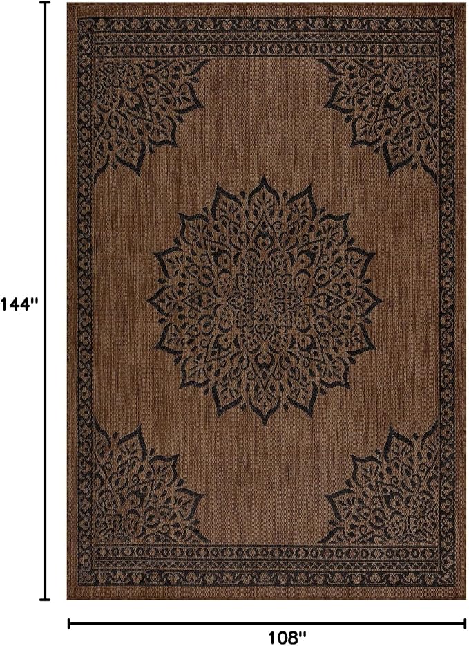 CAMILSON Outdoor Rug, 9x12 Medallion Nut Brown Black Modern Area Rugs for Large Indoor and Outdoor Patios, Kitchen and Hallway Mats, Washable Porch Deck Outside Carpet (Nut Brown Black, 9 x 12)