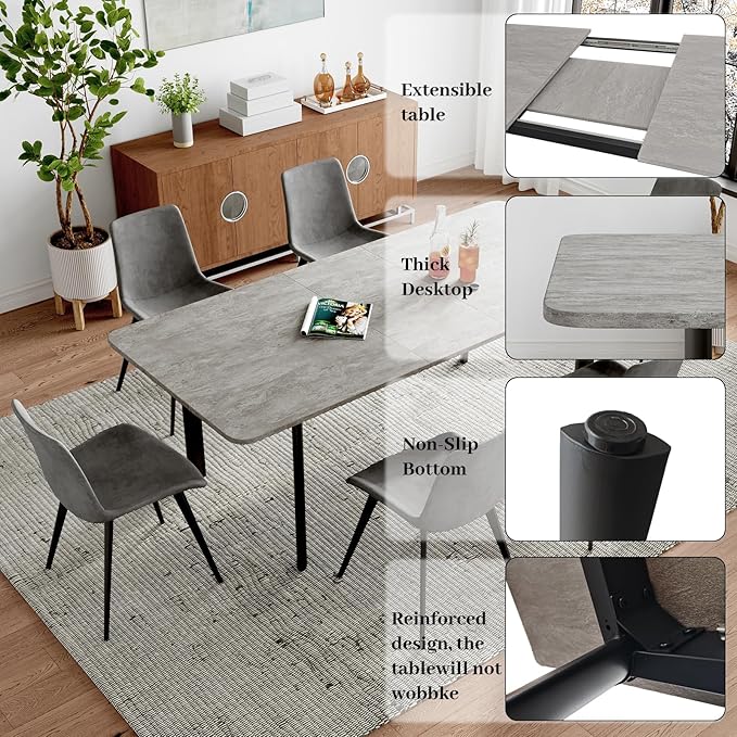63"- 78.7" Extendable Dining Table Set for 6, Modern Kitchen Table with 6 Dining Chairs for 4-6 Person, Thickened Expandable Wooden Table with Metal Legs for Dining Room, Kitchen