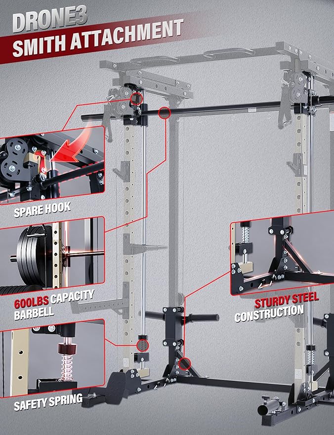 MAJOR FITNESS Drone3 Smith Machine, All-in-One Home Gym Power Rack with Cable Crossover, Pull-Up Bars, T-Bar & Squat Station, Heavy-Duty Full-Body Workout for Strength Training