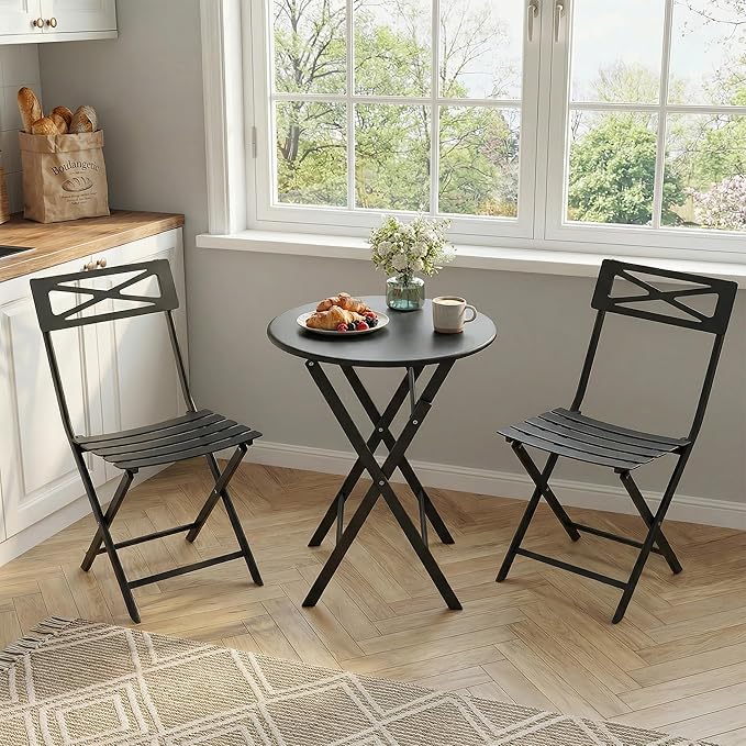 GarveeLife 3 Piece Patio Bistro Set, New Iron Outdoor Furniture Set, Metal Table and Chairs Set for Balcony, Garden or Porch, Black