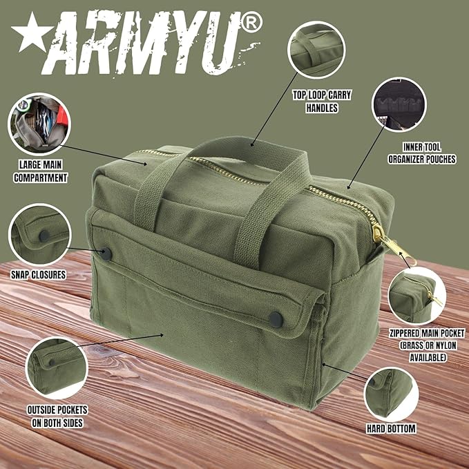 ARMYU Heavy Duty Small Tool Bag Tactical Cotton Canvas Mechanics Bag, 11" x 7" x 6", Olive