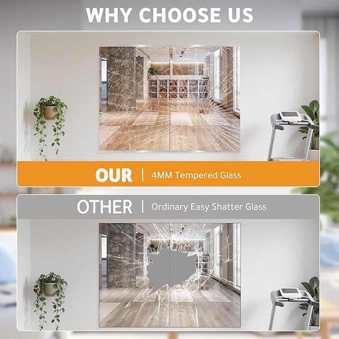 ROOMTEC Workout Mirrors for Home Gym 60"x48", Large Wall Mirror Full Length for Fitness, Yoga, Big Wall Mounted Frameless Glass Mirror for Garage, Dance Studio, Bedroom