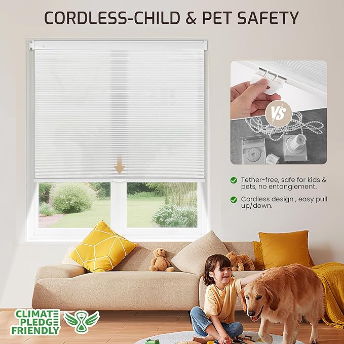 Grandekor No Drill No Tools Cordless Cellular Shades, 30.5" W x 64" H, Light