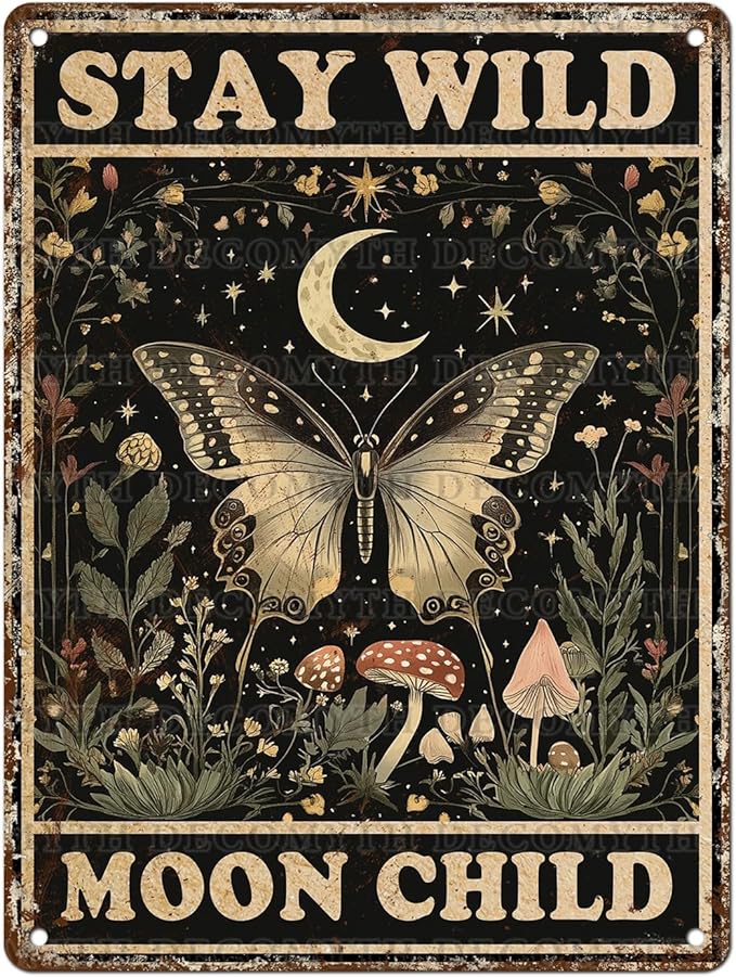 Vintage Tin Sign Butterfly Stay Wild Moon Tin Sign Retro Wall Decor for Home Office Room Wall Decor Poster 12 * 16inch