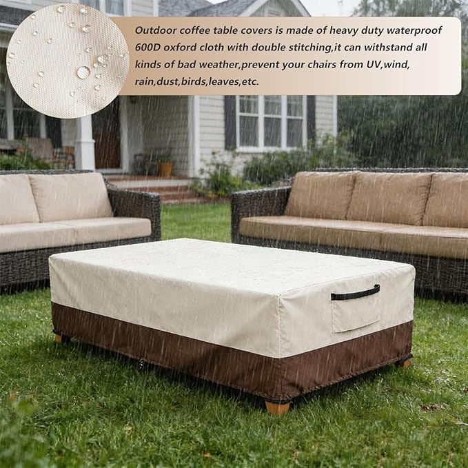 Waterproof Patio Coffee Table Cover, Rectangular Outdoor Small Side Table Cover - Fits up to 42L x 26W x 16H inches, Beige