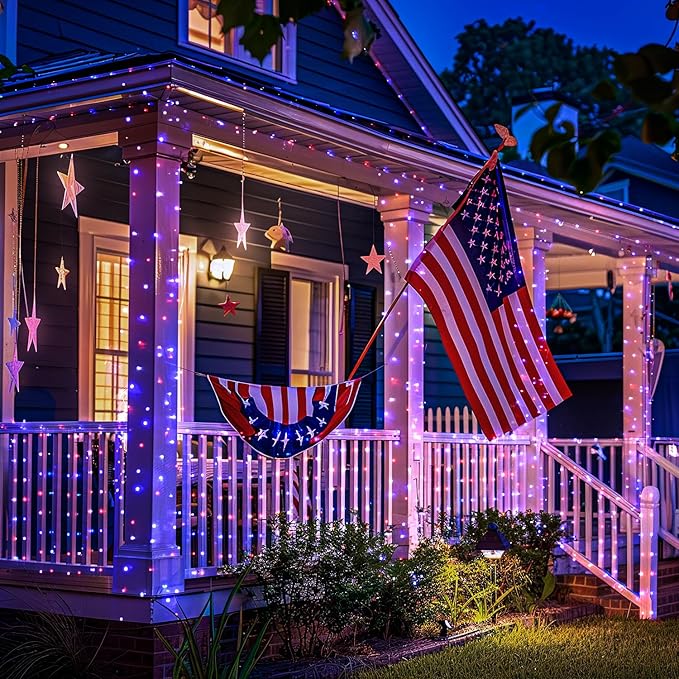 JMEXSUSS 2 Pack Red White and Blue Solar Lights, Each 100 LED 33FT Solar Fairy Lights Outdoor Waterproof, 4th of July Solar String Lights for Independence Day Outside Decorations