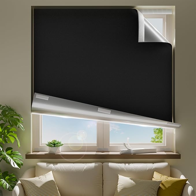 59" W x 54" L 100% Blackout Curtains, Total Darkness No-Drill Black Out Window