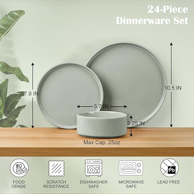 E-far Dinnerware Sets for 8, 24-Piece Stoneware Plates and Bowls Dish Set, Modern Kitchen Dinning Dishware, Chip and Scratch Resistant, Microwave & Dishwasher Safe, Speckled Green