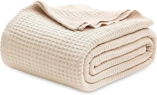 Bedsure 100% Cotton Blanket Twin XL Size for College Dorm - Breathable and Soft, Waffle Weave Twin Blanket for Summer, Dorm Room Essentials, Yellowish Cream, 66x90 inches
