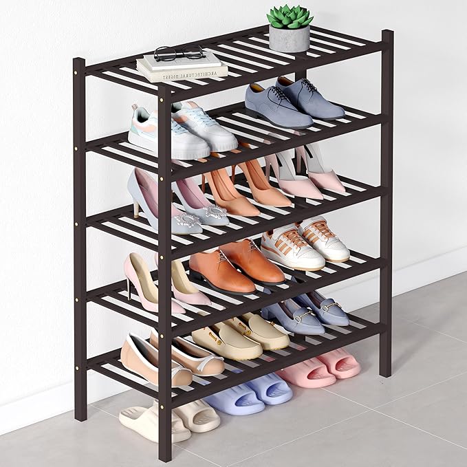 Smiry Bamboo Shoe Rack for Closet, 5 Tier Wooden Stackable Shoe Organizer, Free Standing Shoes Storage Shelf for Entryway, Front Door Entrance, Brown