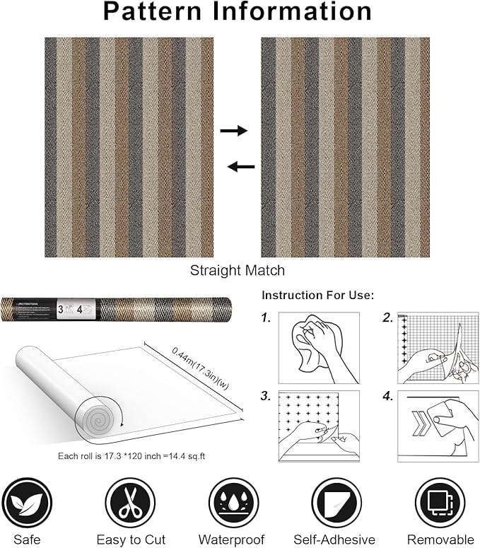 Simon&Siff Textured Fabric Wallpaper Peel and Stick 17.3"x120" Beige/Brown/Grey