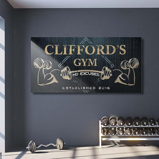 Tailored Canvases Personalized Gym Sign Wall Art Decor - Motivational Canvas for Home Gym, Workout Room, Garage, Fitness Center - Workout Inspirational Posters - Gym Name on Charcoal Background, 36x12in