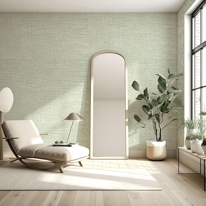 Amiya Grasscloth Wallpaper 17.3"x80" Sage Green Peel and Stick Faux Fabric