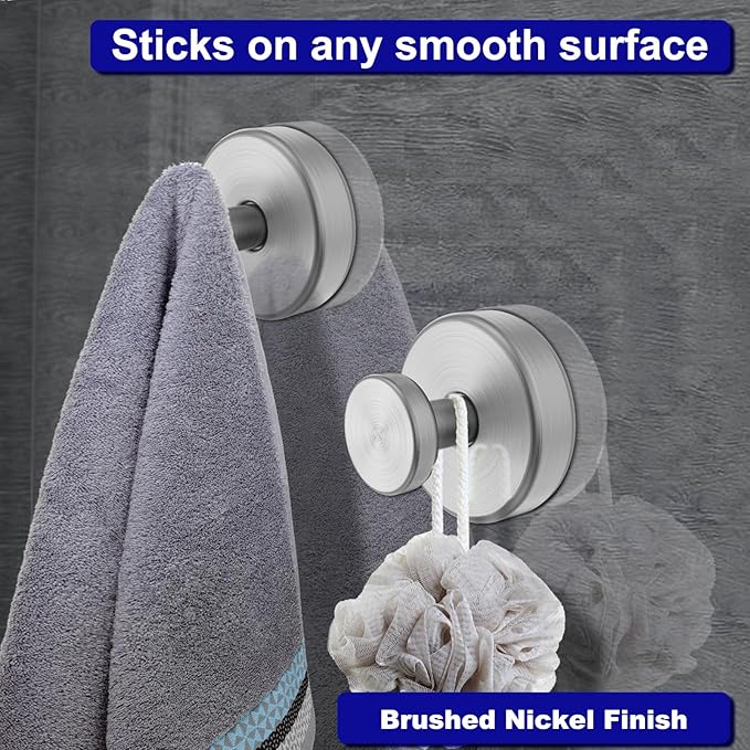 Suction Cup Hooks for Shower, Removable Towel Hooks for Bathroom Window Glass Door Wall, Bath Robe Looafh Hook for Hanging - 4 Pack, Silver