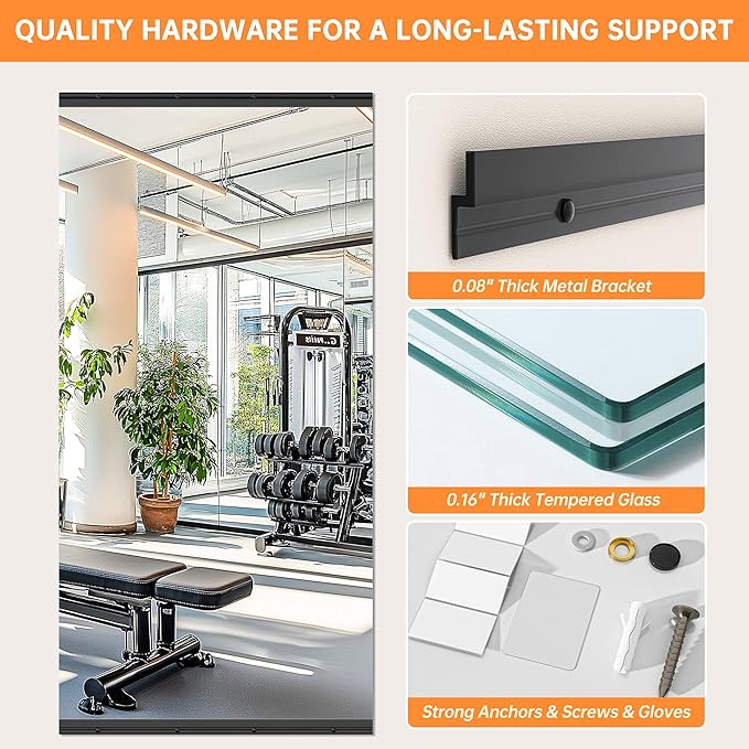 Hasipu 2 Pcs 55''x17'' Home Gym Mirror Large Full Length Wall Mounted Full Body Mirror for Yoga Dance Fitness Exercise Studio Bedroom Garage, Frameless Tempered Glass Workout Mirrors Black Rectangular