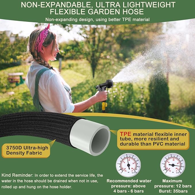 Garden Hose Non-Expandable 75 ft, Lightweight Flexible Water Hose with 10 Function Spray Nozzle, Outdoor Leak Proof, Kink-Free, Portable Hose for Yard, Lawn, Camper, High-Density Fabric, Black Grey