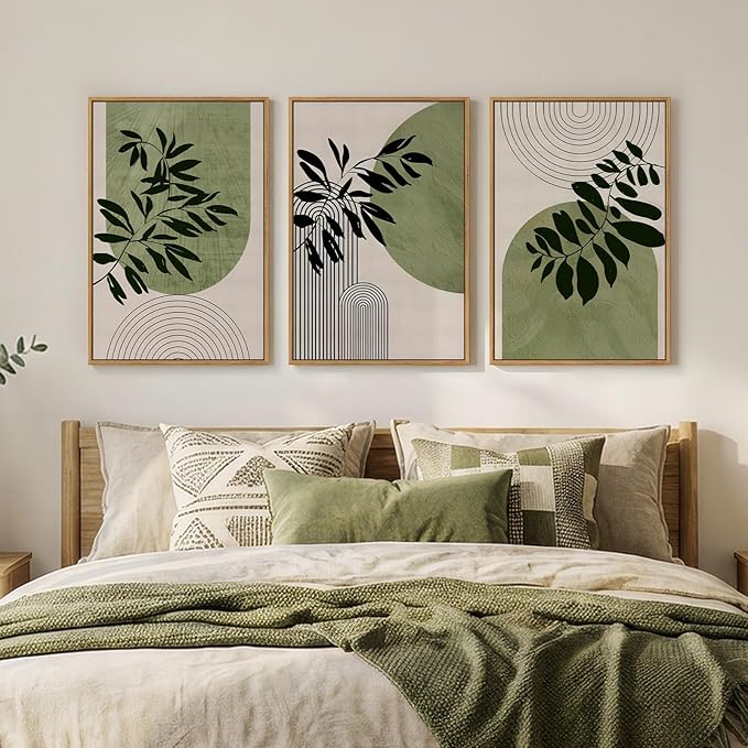 Framed Boho Botanical Wall Art for Living Room, 3 Piece Modern Green Bohemian