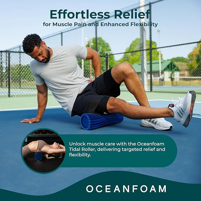 Oceanfoam Tidal Roller - Royal Blue - Muscle Massage Foam Roller for Back Pain & Stretching - Firm and Ergonomic Wide Wave Textured - Yoga, Athletics, & Wellness - Full Size, 20" x 5"
