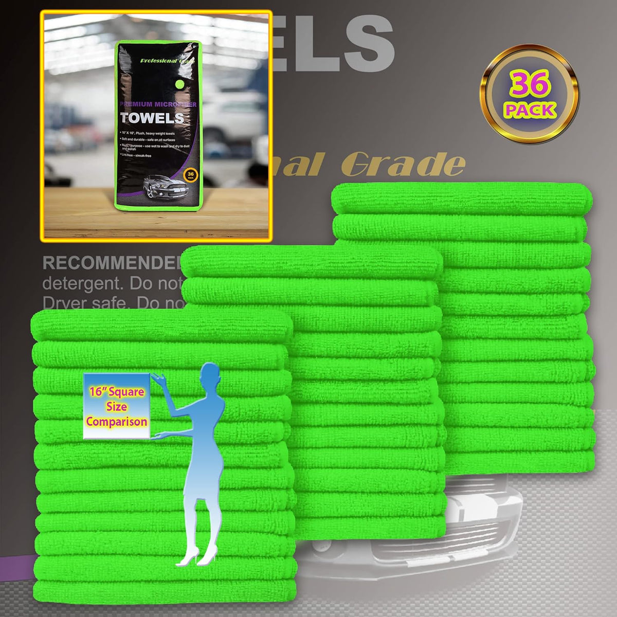 Blue Horizon Large Microfiber Cleaning Towels, 36-Pack Wash Cloths, Ultra Soft Plush Microfiber Cleaning Cloth, Products (Green, 16" X 16")