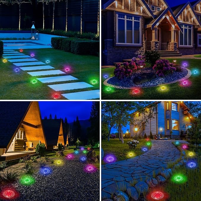 LYHOPE Solar Ground Light Outdoor, 16 Pack 8 LED Color Changing Solar Disk Lights Waterproof Garden In-ground Pathway Lights Landscape Lighting for Lawn,Yard,Deck,Patio,Walkway (RGB)