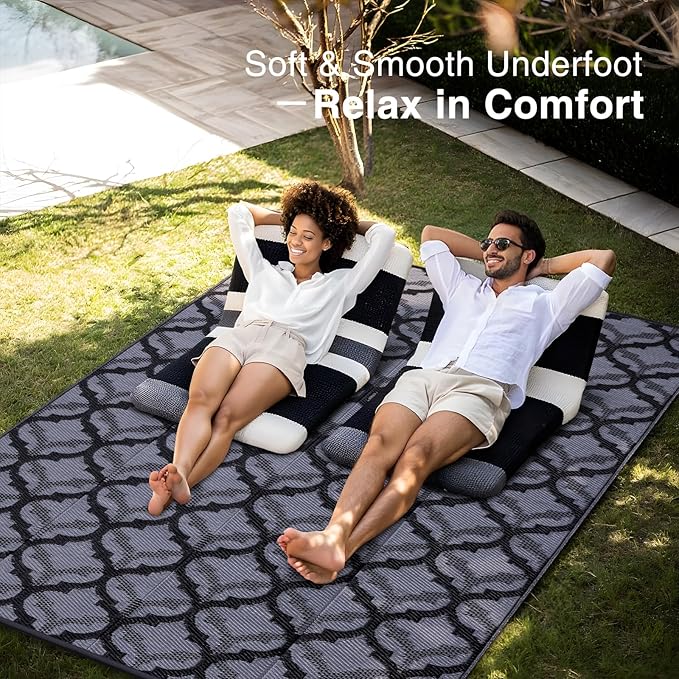 OLANLY Reversible Outdoor Rug 8x10 ft Clearance, Waterproof Outdoor Plastic Straw Rug with Interlacing Pattern, RV Mat for Patio, Camping, Balcony, Deck, Backyard, Black & Grey
