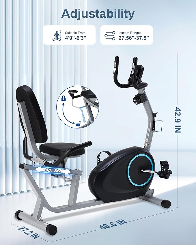 Recumbent Exercise Bike for Seniors - Quick Adjust Seat, Magnetic Recumbent Bike with Quiet 16-Level Resistance, 400LB Weight Capacity, Backlit LCD Monitor, Heart Rate Handle