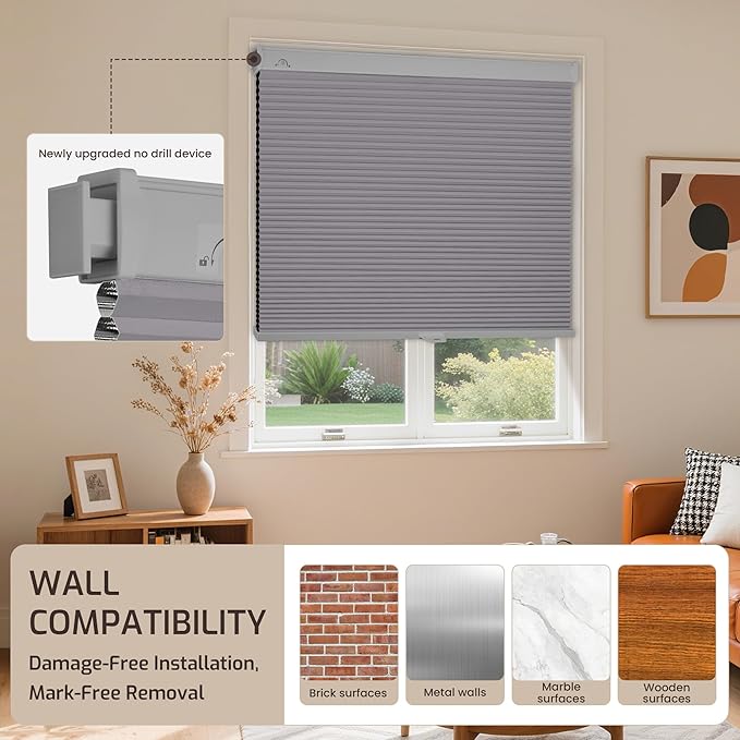 Grandekor No Drill No Tools Cordless Cellular Shades, 35.5" W x 64" H, UV