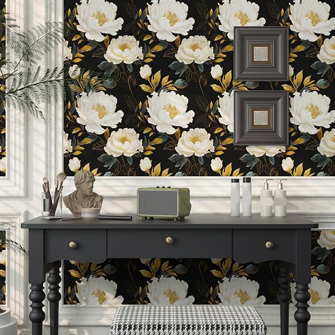 Extra Long Dark Floral Peel and Stick Wallpaper, 17.5In x 393In Vintage Big