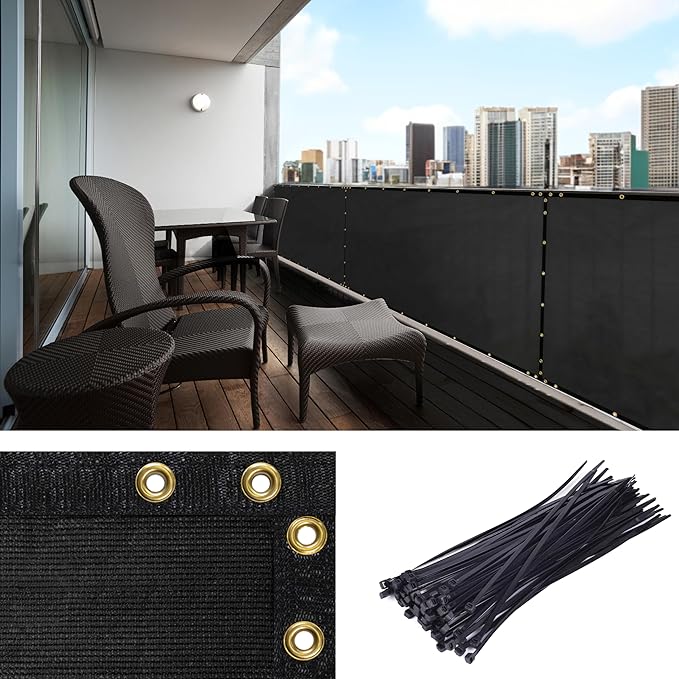 Amgo Custom Made 3' x 150' Black Balcony Privacy Screen, Apartment Porch Railing Patio Fence Windscreen Fabric Cloth, Heavy Duty, Commercial and Residential, 90% Blockage (We Customize)