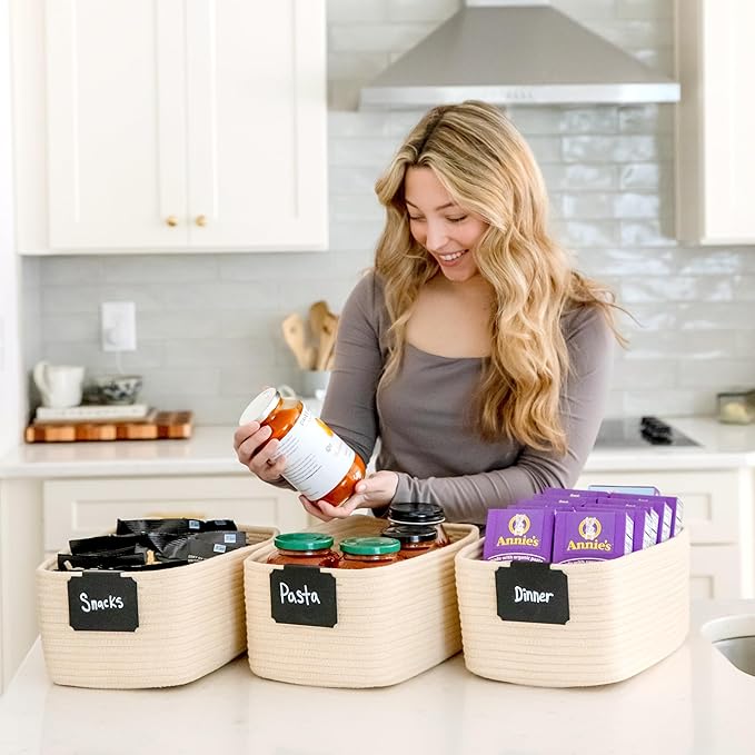 NaturalCozy 13.5”x8.5”x5.5” Storage Baskets for Shelves 3 Pack | Cotton Rope Woven Small Baskets for Organizing | Small Storage Bins for Nursery, Bathroom, Closet, Cube Shelf, Decorative, Gift