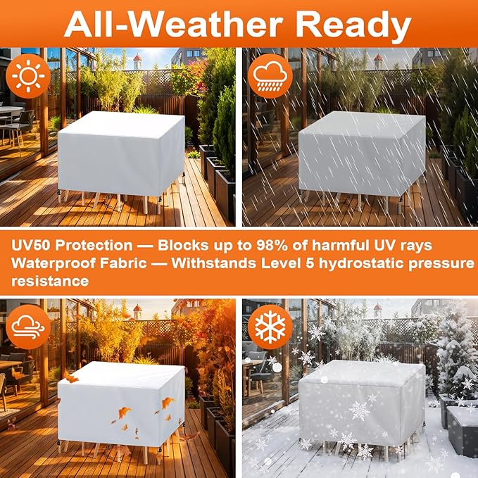 Patio Furniture Cover Rectangle 100"(L) x 44"(W) x 28"(H), Custom Heavy Duty 420D Waterproof Outdoor Cover with Drawstring & Buckles for Table Chair Garden, Silver
