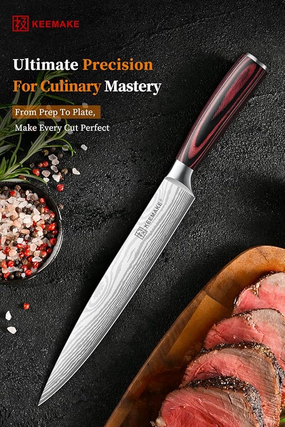 KEEMAKE 8 Inch Carving Knife - Ultra Sharp Slicing Knife High Carbon Stainless Steel Blade & Ergonomic Handle for Meat Cutting BBQ Turkey Ham Gift Box Included