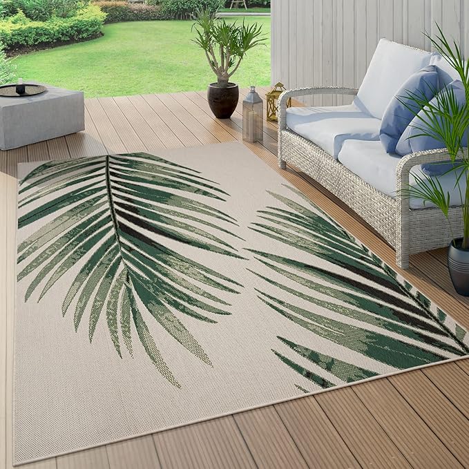 Outdoor Rug Beige Green with Floral Palm Leaf Design Waterproof, Size: 6'7" x 9'6"