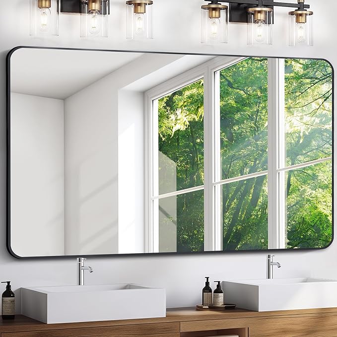 FORBATH Large Bathroom Mirror 36 x 55 Inches，Black Large Wall Mirror Aluminum Frame Wall Mounted Rounded Corner Morndern Mirror for Bathroom Bedroom Entryway Living Room