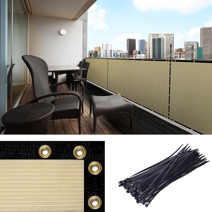 Amgo Custom Made 3' x 153' Beige Balcony Privacy Screen, Apartment Porch Railing Patio Fence Windscreen Fabric Cloth, Heavy Duty, Commercial and Residential, 90% Blockage (We Customize)