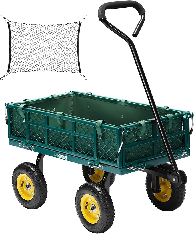 VIVOHOME Heavy Duty 400 Lbs Capacity Mesh Steel Garden Cart Folding Utility Wagon with Removable Sides Green
