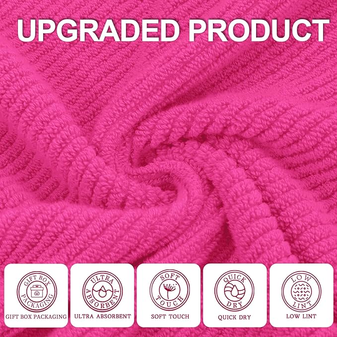 VOOVA & MOVAS Bathroom Hand Towels Set of 4, Large 18"x28" - 100% Cotton | Quick Dry | Light Weight | Thick | Soft | Absorption, Luxury Hand Towels for Showering, Hot Pink Bathroom Decor