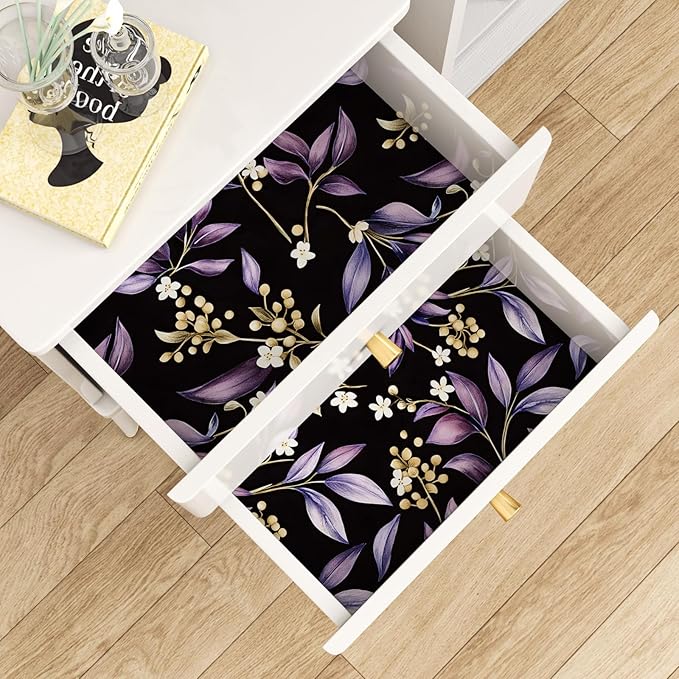 Extra Long Vintage Purple Leaves Wallpaper, 17.5In x 393In Black Botanical