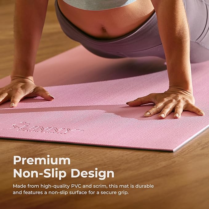 Sunny Health & Fitness Non-Slip Yoga Mat – Durable, Anti-Tear, Lightweight, Cushioned Support for Yoga, Pilates, Stretching Exercises, Meditation and Floor Workouts | Multiple Sizes & Colors