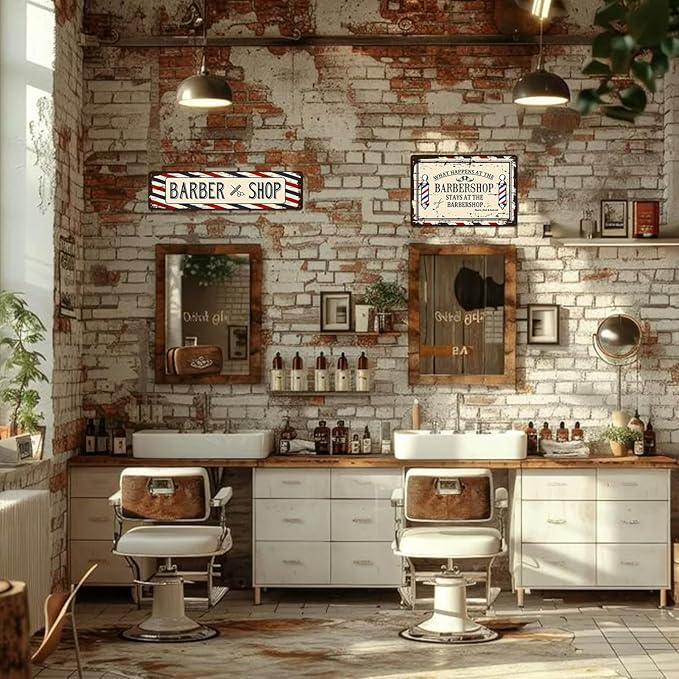 Barber Shop Decor Accessories - Vintage Barbershop Metal Tin Signs Haircut Wall Art Posters Gifts for Men Decorations - What Happens At The Barbershop Stays At The Barbershop Sign 8x12 Inch