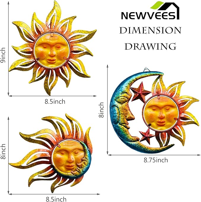 Sun Face Metal Wall Art Décor Outdoor Indoor, Sun Moon Star, Metal Glass Hanging for Garden Sun Face Sculptures & Statues Statues Wall Art for Farmhouse, Patio, Garden Decoration(3 Pack)