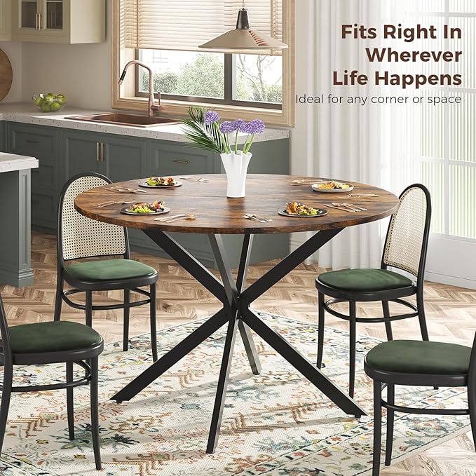 Unovivy 47" Round Dining Table for 4-6, Space Saving Circle Kitchen Dinner Table, Industrial Mid Century Modern Dining Room Desk for Kitchen, Apartment, Rustic Brown