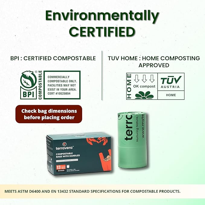 Compostable Trash Bags Bin Liners | BPI & OK Home Certified ASTM D6400 Standards | Heavy Duty Kitchen & Yard Waste Bags (13 Gallon Flat Top, 50 Count)