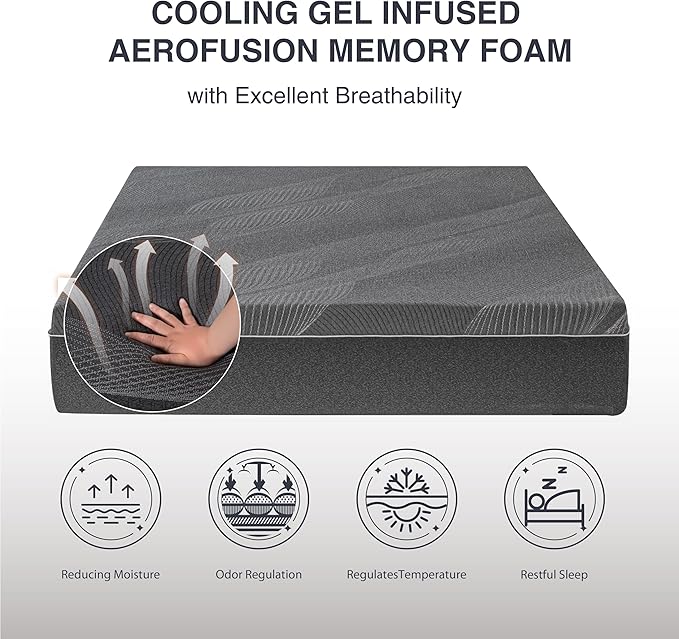 Twin XL Mattress 10 Inch Charcoal Gel Memory Foam in a Box, CertiPUR-US Certified Fiberglass Free, Cooling Mattress, Made in The USA of US Foam, 80" × 38" × 10", Medium